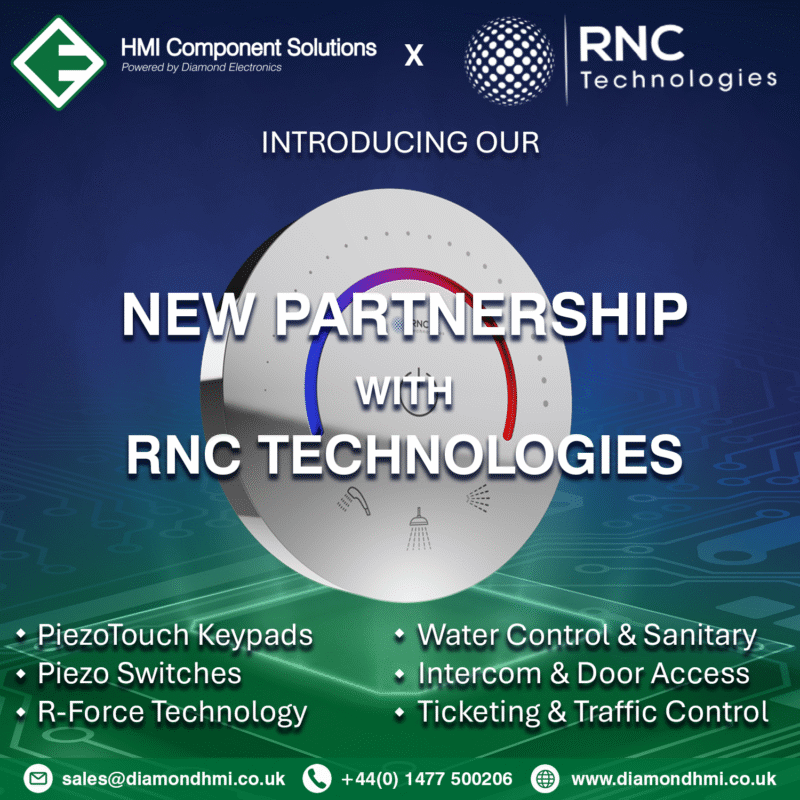 A piezotouch control panel suitable for water applications like showers.