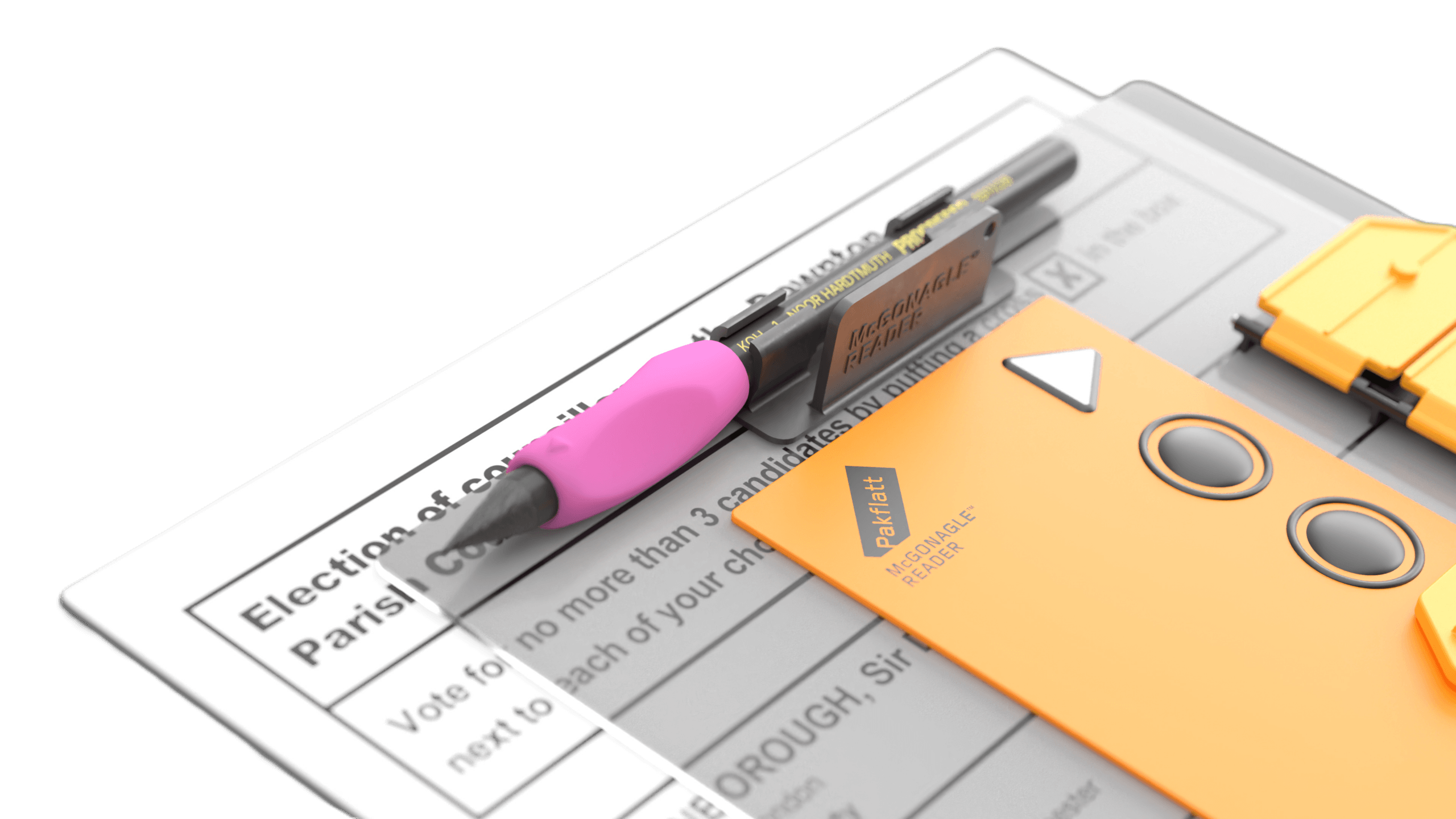Image of the McGonagle® reader, showcasing the yellow tactile keypad attached to a voting slip.