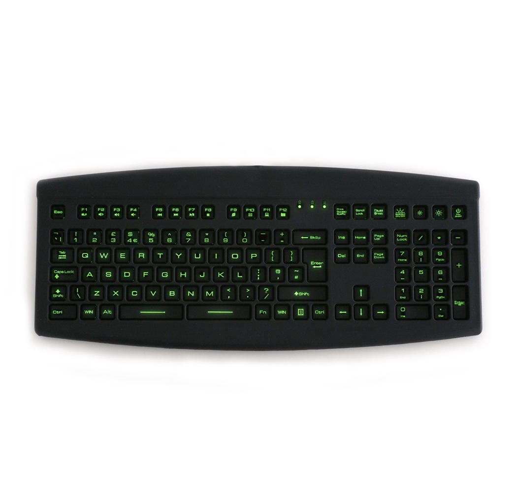 Image of black keyboard with green backlight displaying the sucken key alternative to traditional keyguards.