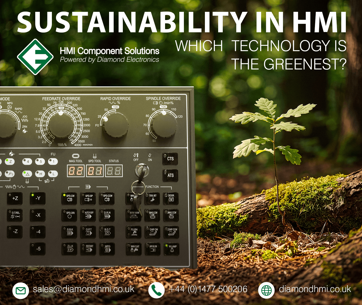 A sapling in the forest grows next to a HMI interface, with the title 