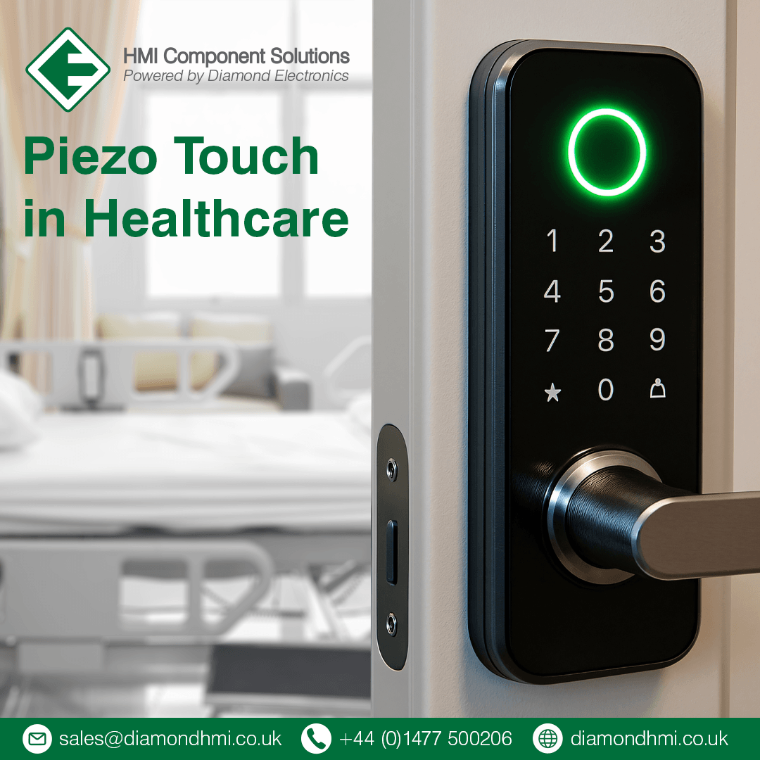 Piezo Touch keypad on door lock in a hospital setting with article title 